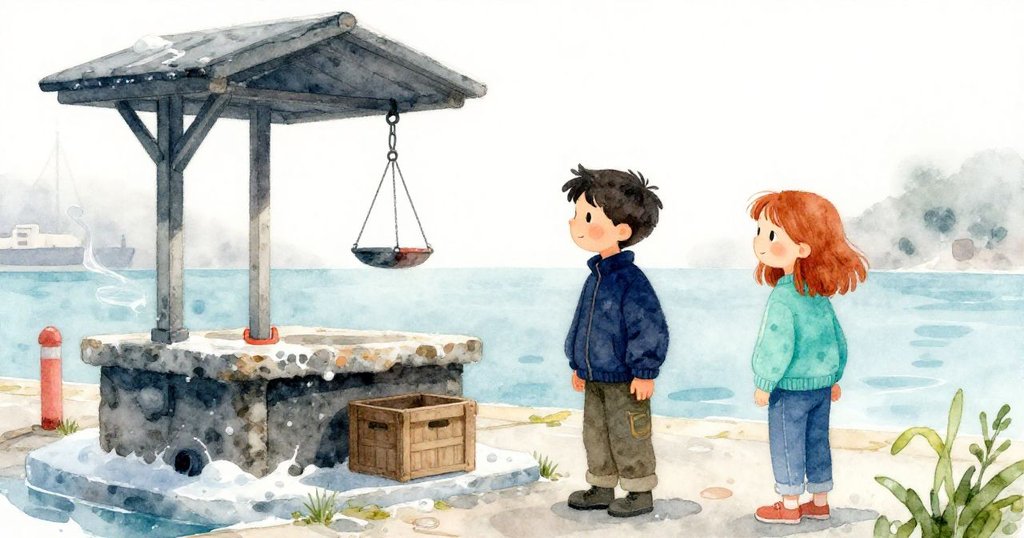 Grant 與 Fern 站在港口計重站旁,凝視隨風搖曳的天平與穩固貨箱,冰霧環繞,表情專注寧靜展開冒險序幕。