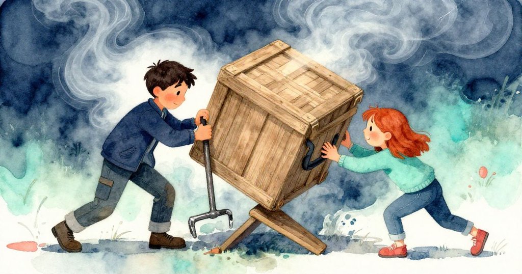 Grant 駕扯扳手,Fern 鬆放木楔,貨箱輕微上升,霧氣旋升,視角扭曲呈現冒險緊張瞬間。