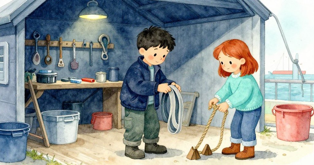 Grant 與 Fern 於工具室內檢查臨時楔塊,觀察橡膠條與纜繩,燈光柔和展現解謎時刻。