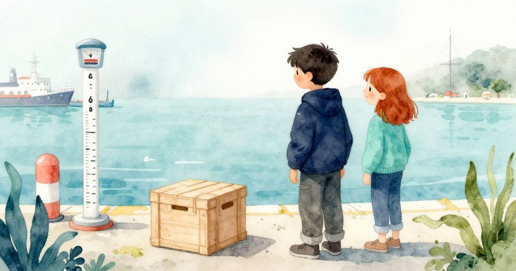 Grant 與 Fern 站在港口計重站旁,凝望穩固貨箱與靜止潮位,周圍霧氣繚繞,滿懷寧靜與成就感完美收尾。