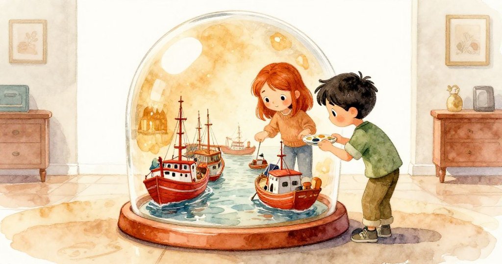 Sage 與 Grant 在展覽室內,注視轉動基座與放大罩中倒映的細節,神情專注,感受奇妙展品魅力。