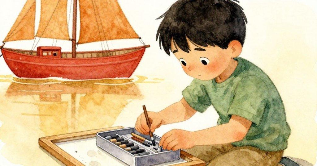 Grant 於室內近景專注打開金屬小盒,圖鉛筆零散呈現,紅船模型隱現,情緒堅定。