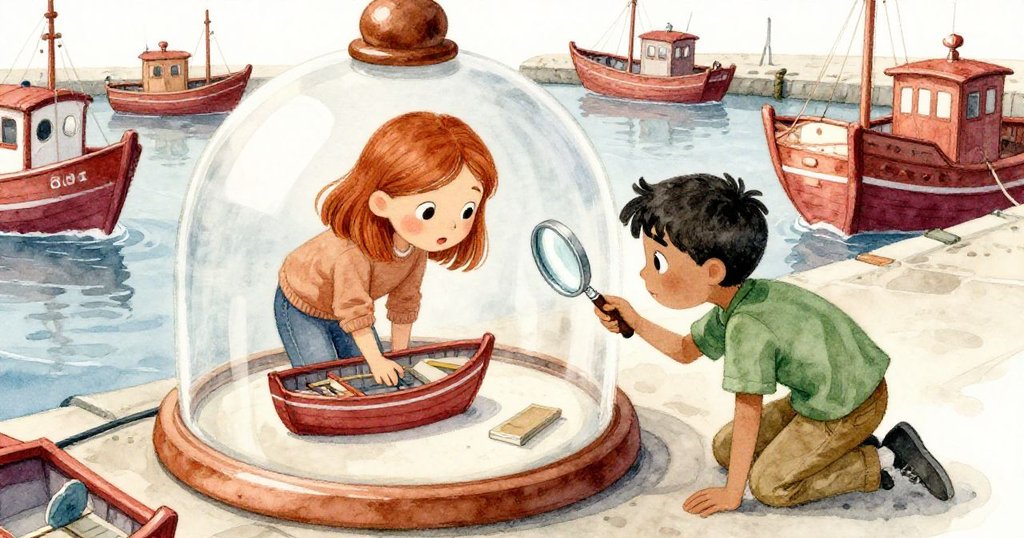 高角度下,Sage 蹲下調整視角,Grant 踮腳觀察放大罩景象,共同專注模型展品,呈協作氛圍。