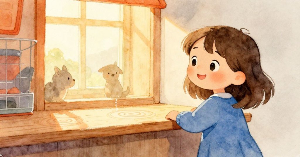 Joy 站在溫暖晨光中，靠近倉鼠籠傾聽，木台上留有水環痕跡，表情期待且充滿好奇。