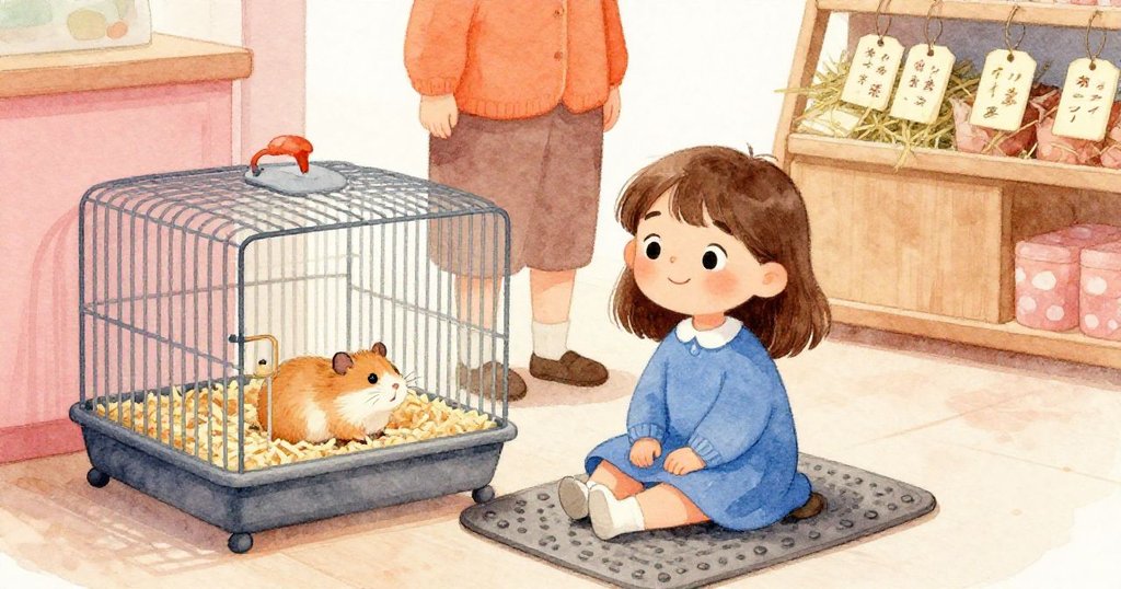 Joy 坐在橡膠墊上觀察倉鼠籠中微動的毛球，背景一位成人細讀飼料標籤，層次豐富呈現溫馨室內情景。