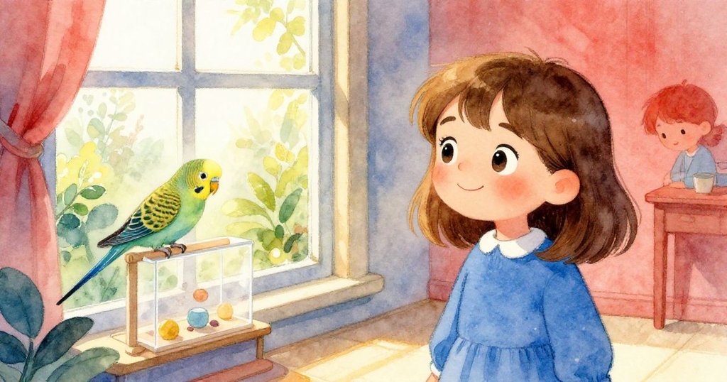 Joy 背景透過窗戶映出花園景致，一隻鮮豔鸚鵡在展示台附近鳴叫，晨光溫暖柔和，室內外和諧共融。