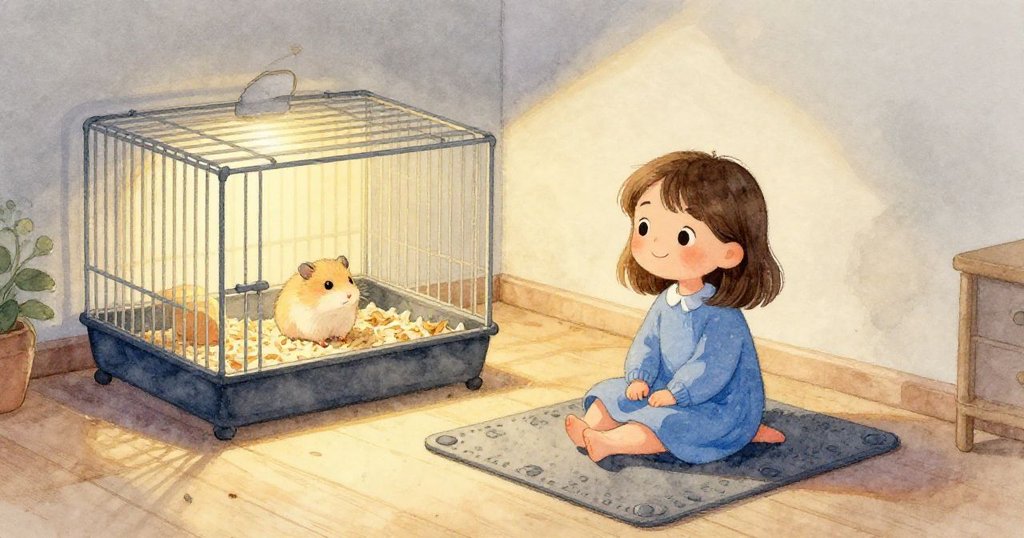 Joy 平靜安坐於橡膠墊上，注視著穩定的倉鼠籠與散落鋸末，室內氛圍寧靜溫和，結束了一天的微妙變化。