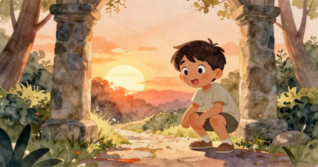 菲利克斯在小徑轉角處蹲下仔細擺放石頭，微風吹拂著石陣，表情專注，場景展現故事開端的探索與好奇心。