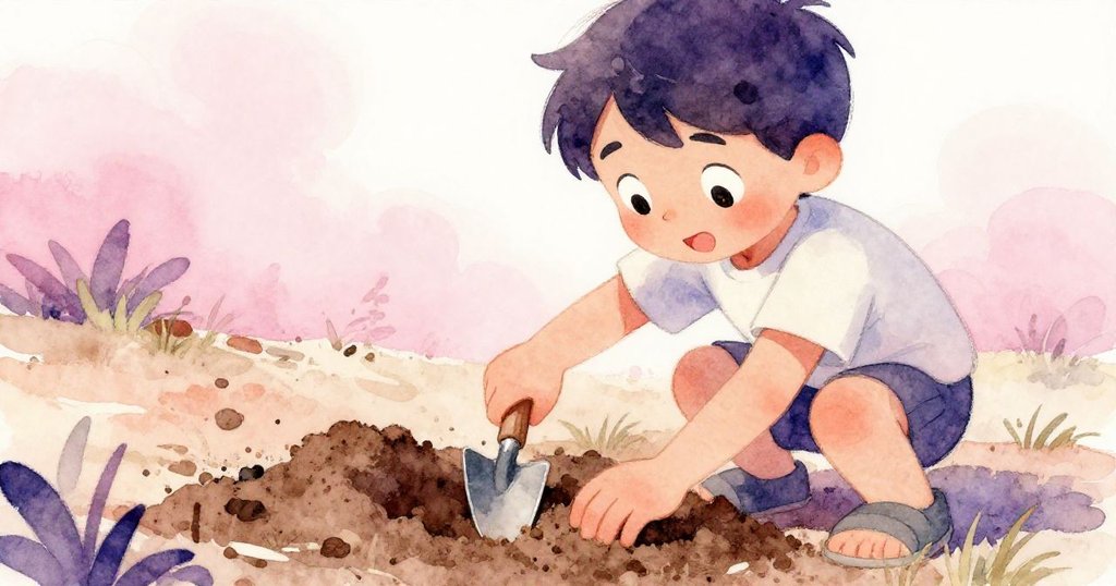 菲利克斯專注地用小鏟子刮取土塊，手部細節清晰，周圍散落卵石呼應動作，呈現故事中細膩探索的過程。