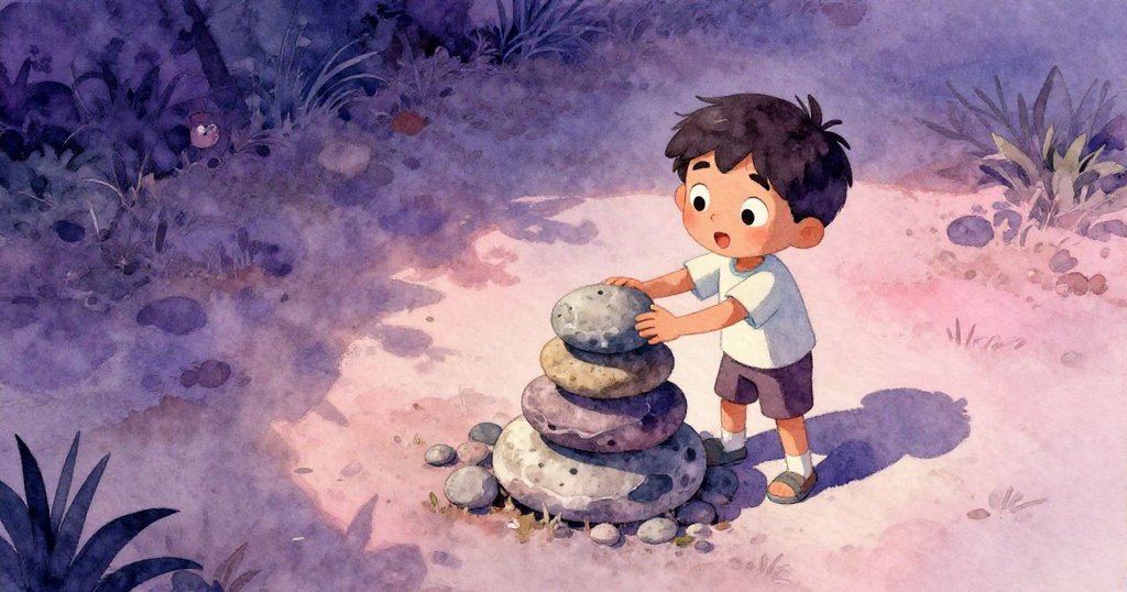 從高處俯瞰，菲利克斯細心敲擊石堆，周遭古舊石頭與柔和背景色調交織，呈現探索中的脆弱與專注。