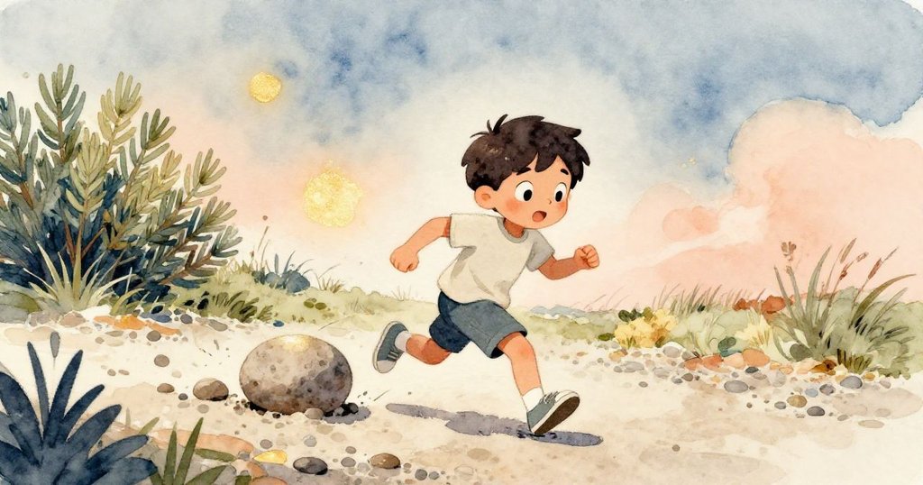 菲利克斯急速追趕滾落的石頭，沿著砂礫小徑奔跑，背景中有鼠尾草灌木，展現故事發展中緊張又活力的追逐瞬間。