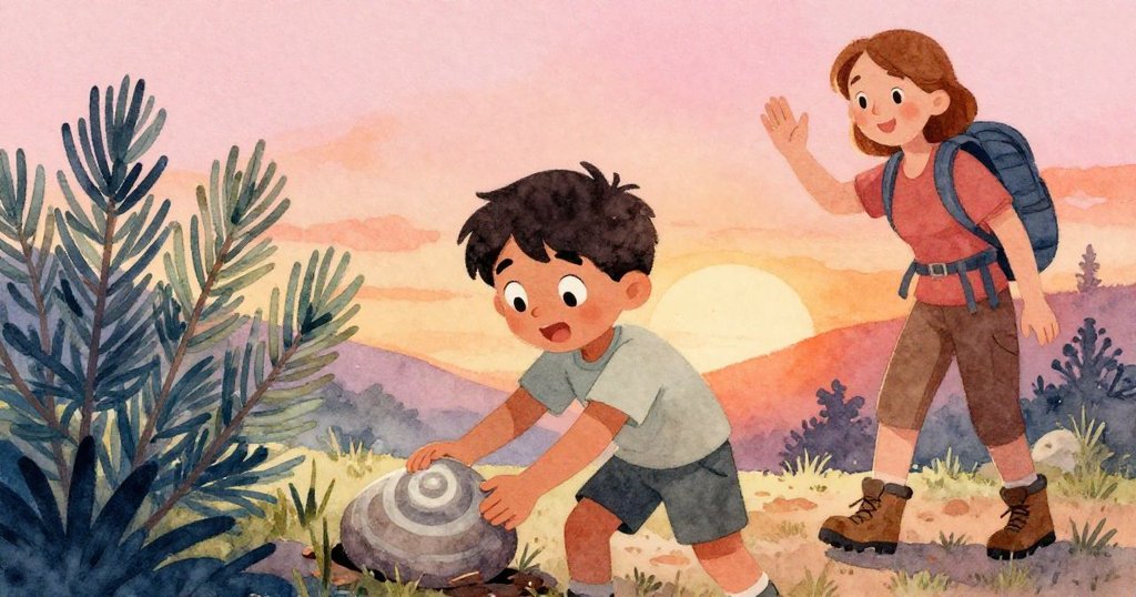 菲利克斯從鼠尾草叢中撫出旋轉的石片，臉上流露出放鬆與猶豫，遠處的登山者微笑揮手拍攝，寓意故事高潮。