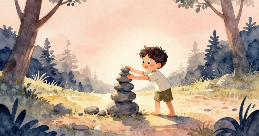 菲利克斯靜心重建石陣，彎身觸試每片石頭穩定度，溫暖夕陽照耀下展現故事結尾的平靜與決心。