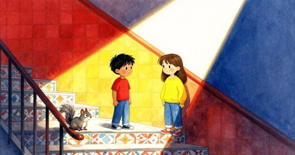 Cruz與Faye在明亮樓梯上互動，小松鼠蹲在鐵扶手邊，Cruz低語，情緒期待的開始。