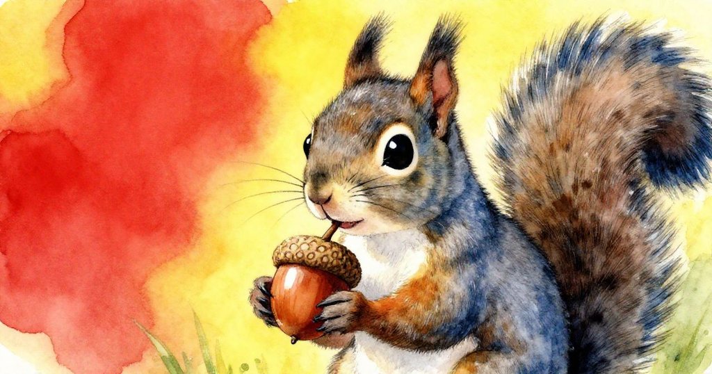 小松鼠用小爪輕握閃亮橡實，明亮光線照射下細節清晰，展現好奇與精緻。