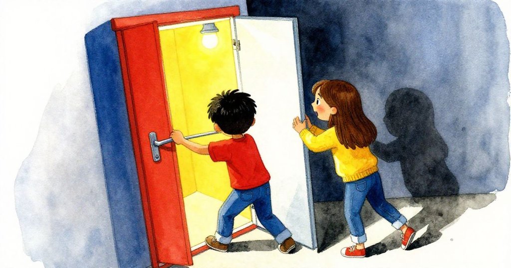 Cruz和Faye合作操作櫃門，Cruz緊握金屬拉環，Faye穩定面板，燈光與陰影營造動感。