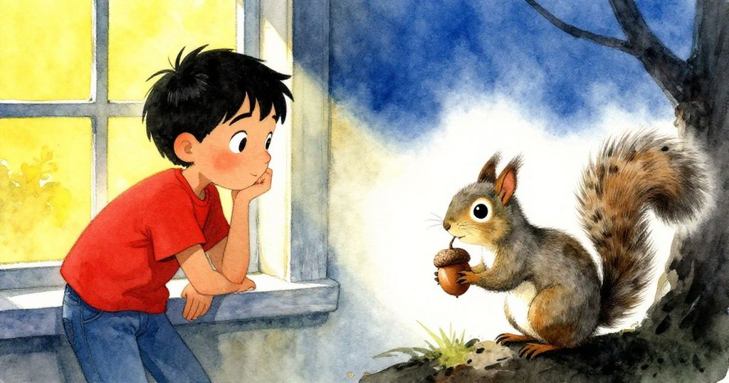 Cruz在窗邊凝望，小松鼠握著橡實，畫面分割展現現實與內心世界交融，充滿驚奇。