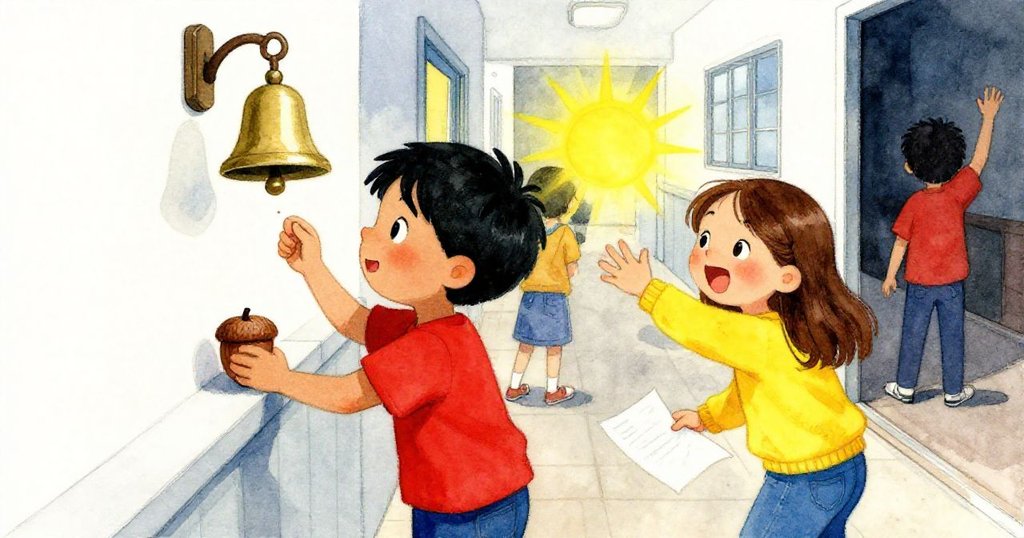 Cruz小心放下橡實，Faye推送紙片提醒，走廊隨鈴聲學生匆忙流動，情節生動。