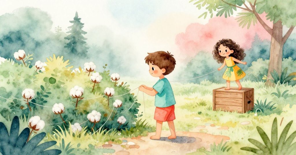 Felix站在陽光溫暖的石頭上凝視棉線，遠處樹籬旁Lyra平衡在木箱上，晨霧與柔光中展露期待與活力。