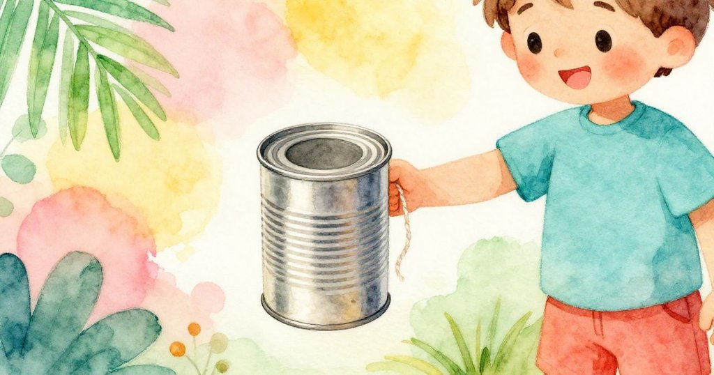 Felix專注聆聽，輕握金屬罐電話，棉線細節清晰呈現，背景淡雅溫暖流露專注情緒。