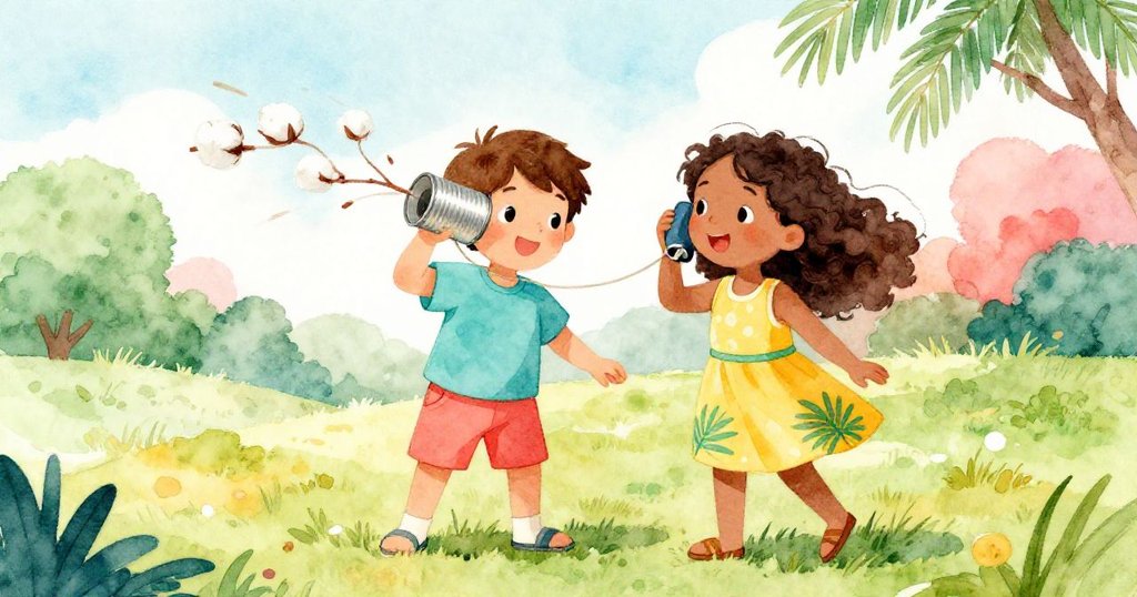 Felix與Lyra協作調整棉線電話，Felix後退讓空間，Lyra熱情指引，微風搖曳枝條與棉線表現互動活力。