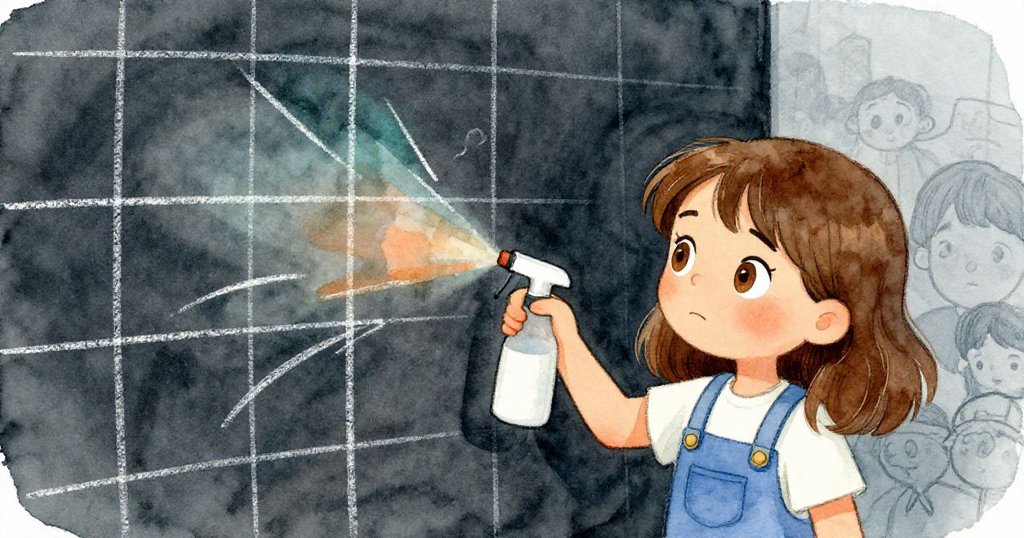 Hazel專注使用噴霧器噴灑水霧,粉筆脫落處顯現曲線紋路,空白背景襯托出畫面寧靜與神秘感。