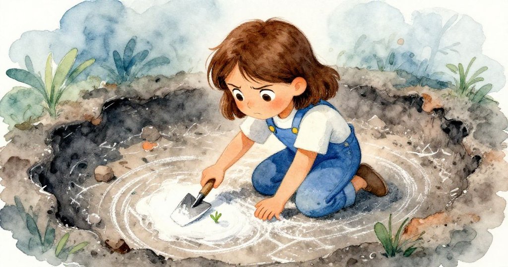 從高角度俯瞰,Hazel跪著用鏟子刮除濕粉筆,展露出細緻綠芽與珊瑚般稜線,神情堅定而謹慎。