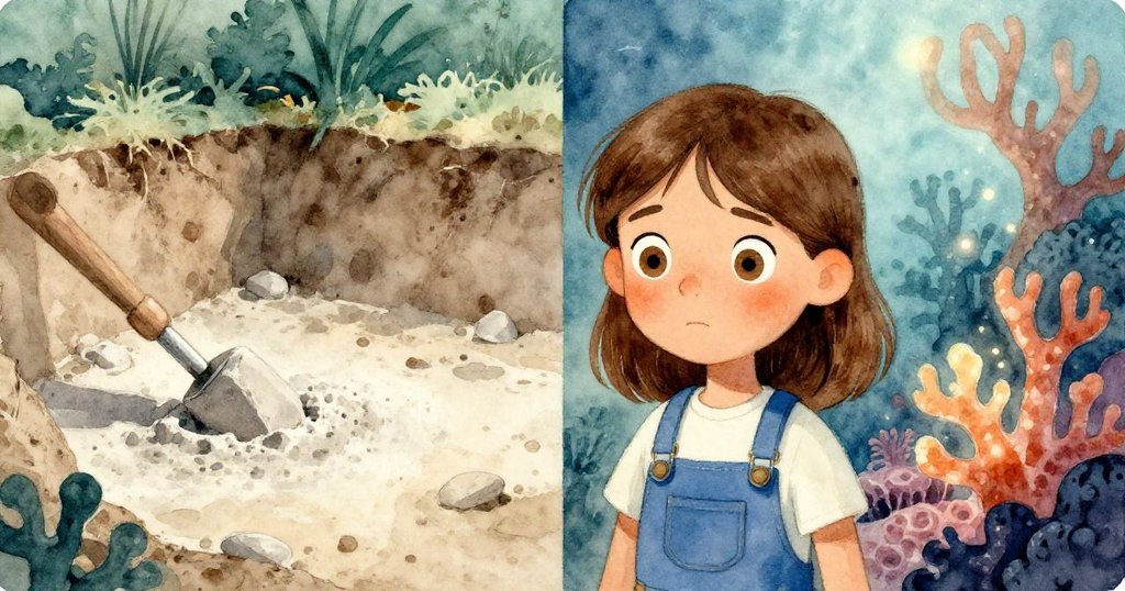 Hazel凝視一面牆,左側顯露剝削後的濕粉筆,右側幻化出夢幻古珊瑚,兩種現實交織令人動容。