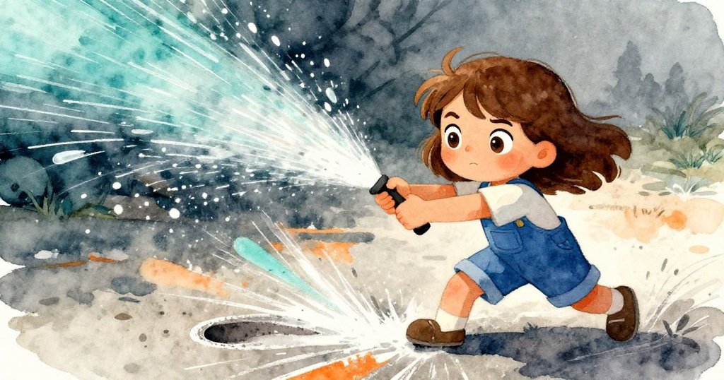 Hazel快速移動中噴灑水霧,隨動的粉筆粒與水滴形成流動軌跡,畫面充滿活力與探險急迫感。