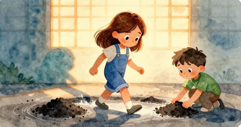 Hazel在夕陽餘暉中離開粉筆坑,背後格子柔光閃爍,Fraser遠處篩土,傳遞成功探索的滿足與喜悅。