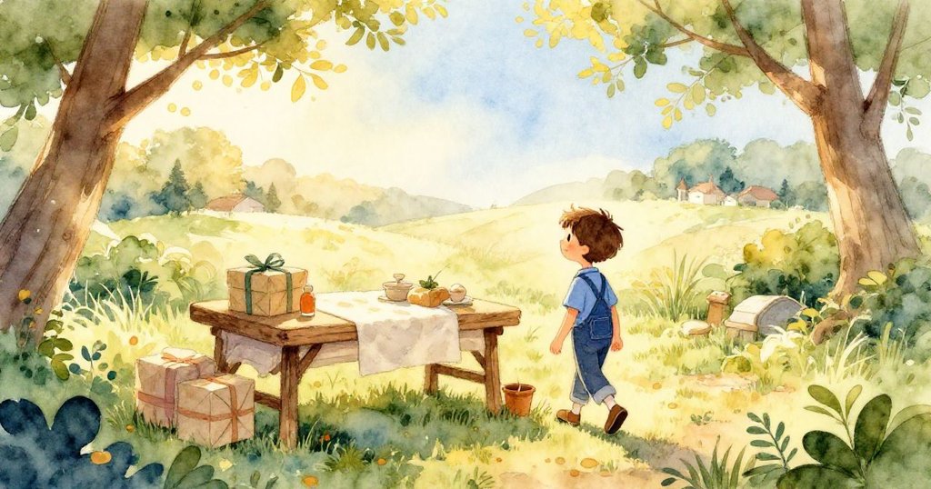 奧斯卡在金色晨光中走向鄉村廚房桌，桌上包裹和布料整齊排列，他面露堅定與好奇。