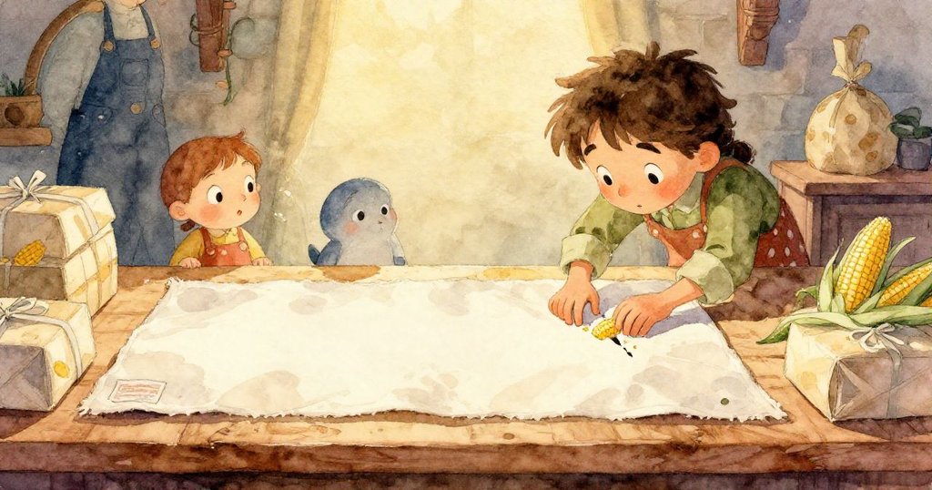 奧斯卡的手在桌上布料下仔細搜尋遺漏的玉米，動作溫柔，展現細膩觸感與堅定心情。