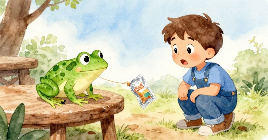 奧斯卡蹲下時驚喜地注視著一隻綠色小青蛙拉扯著金屬包裝，背景為鄉村桌面和晨光。