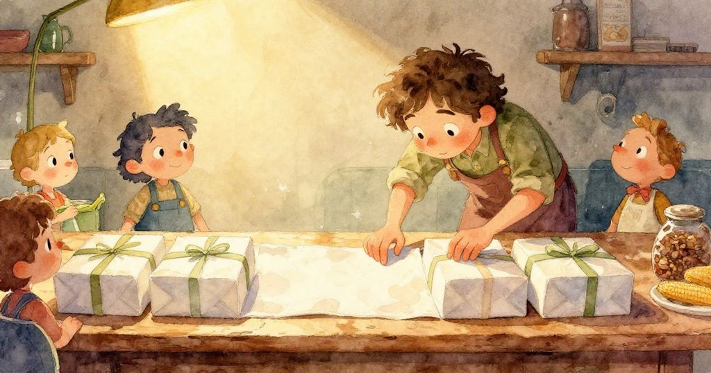 被驚醒的斑點母雞在木凳旁振翅飛舞，香蕉葉飄散落入暖色窯堆，呈現動感與奇妙結構。