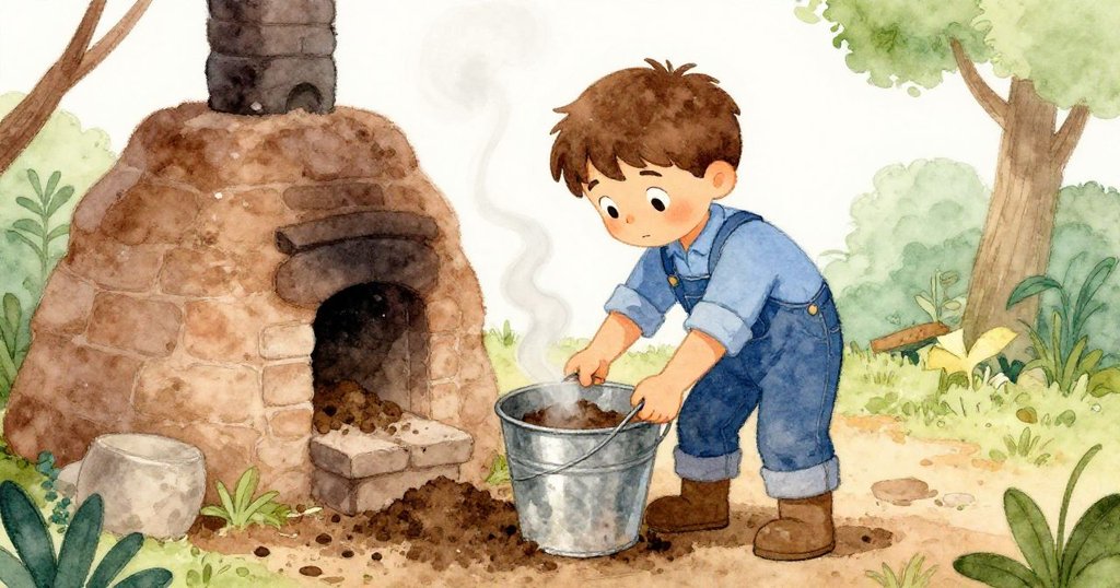 奧斯卡滿懷堅定，汗水淋漓地用金屬桶裝濕土修補通風口，背景顯露暖色窯堆和蒸氣。