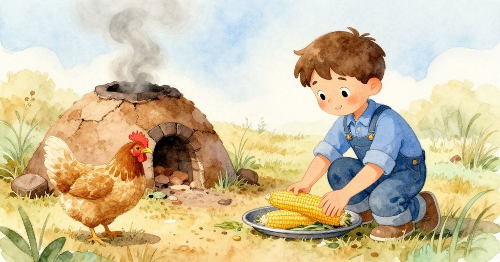 奧斯卡輕輕懸手於補好的通風口上，將救回的玉米放於大金屬盤上，母雞悠閒漫步，蒸氣緩緩上升，畫面平和。