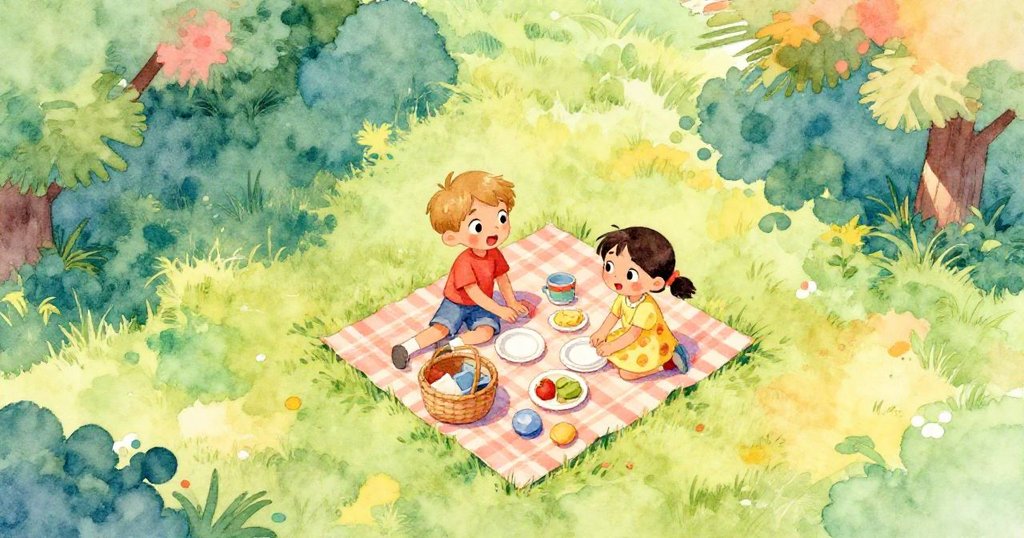 丹特和瑪倫在公園鋪展野餐墊和籃子，從高空看見草地、樹影及午后溫暖的陽光，畫面明亮充滿生氣。