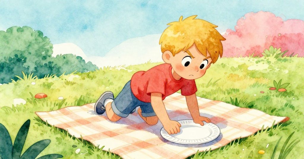 丹特專注地在野餐墊上滑動紙盤，地面微傾，光線閃耀中展現童趣和認真的表情。