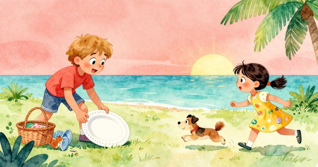 瑪倫輕柔接住滑動的紙盤，同時背景中一隻小犬追逐松鼠，籃子搖晃散落光影，畫面充滿動感與驚喜。