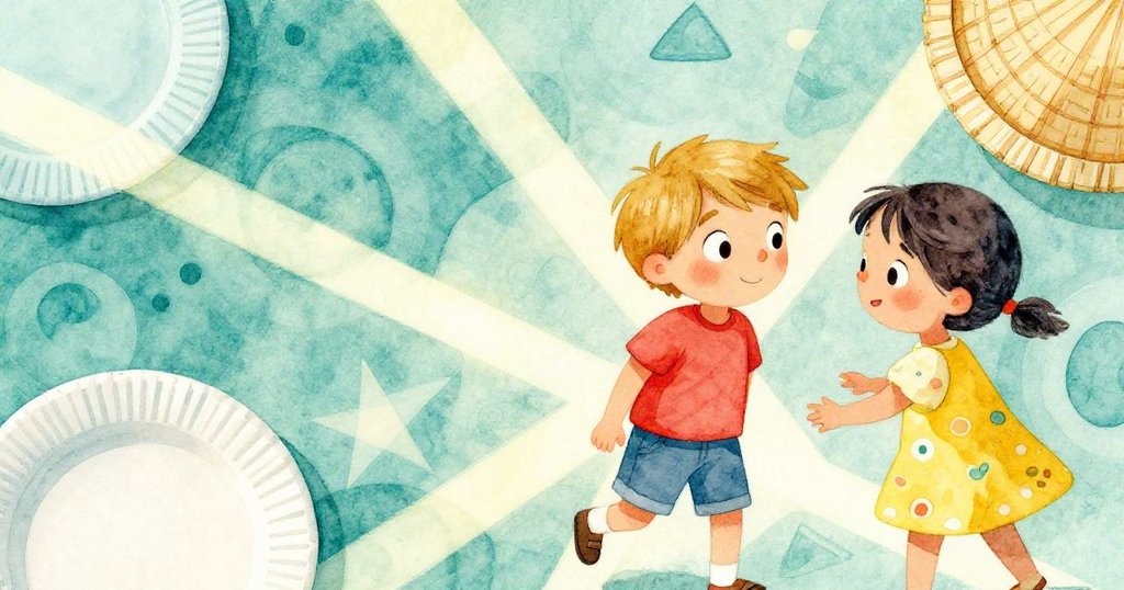 丹特與瑪倫協力調整散亂的物件，光線交錯形成抽象幾何圖形，野餐場景既幻想又充滿創造力。