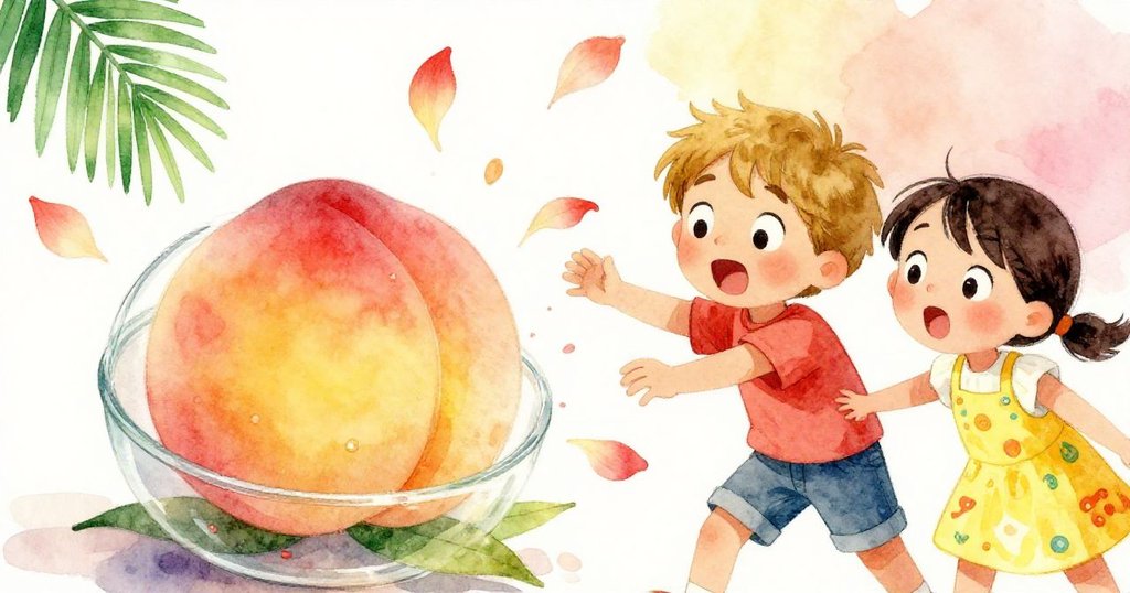 成熟的桃子飛出撞上花瓣瓶，乾燥花瓣在空中飄散，丹特與瑪倫驚訝凝視，氣氛緊張而又詩意。