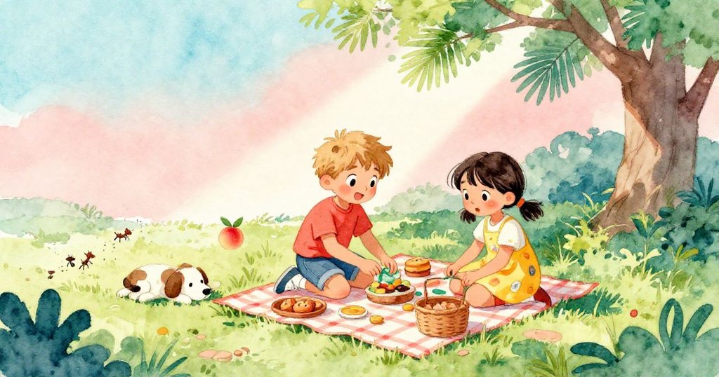 丹特與瑪倫齊心整理野餐物品，坐在涼爽樹蔭下享受午餐，寵物犬安靜旁臨，桃子順著地面緩緩移動，畫面平靜而滿足。