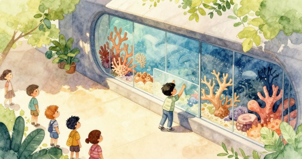 皮爾斯於上空推動珊瑚窗放大板,水族館內光影交錯,家人和訪客滿懷好奇欣賞全景。