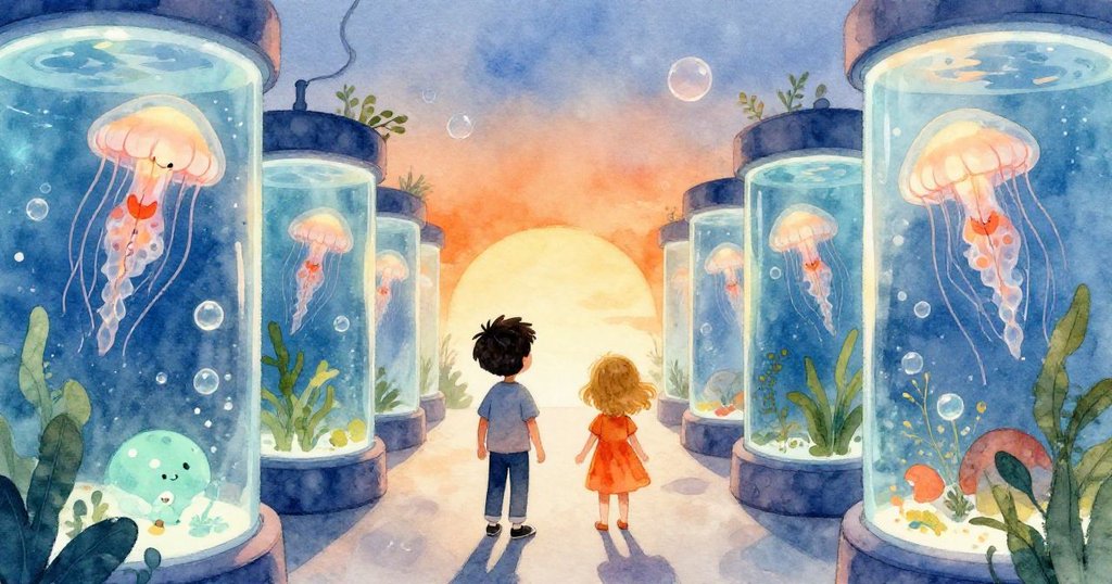 皮爾斯以第一人稱穿越水母走廊,見紫光水槽中水泡上升,妹妹數著漂浮形狀,情境充滿驚奇。