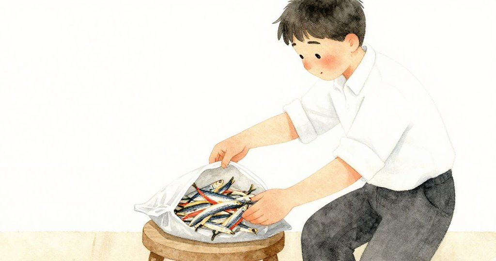 管家手持新開封的鯖魚乾袋，細緻展示袋上紋理與色澤，室內氛圍寧靜且充滿期待