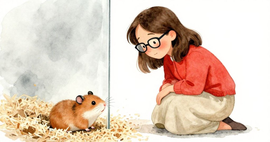 Yvette蹲下觀察玻璃內，一隻小倉鼠探出鼻子，鬍鬚輕動引發她滿足與驚喜微笑