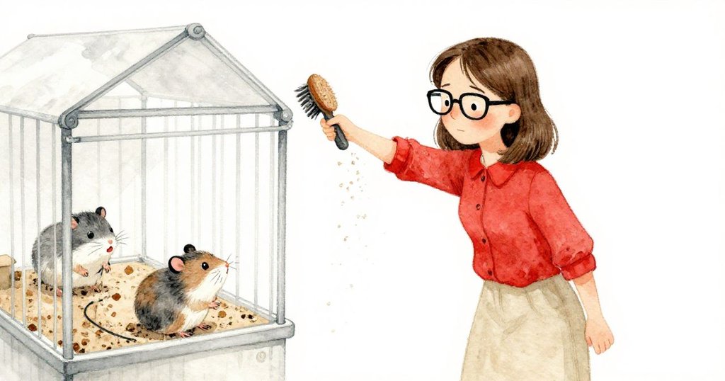 Yvette優雅站起輕拂袖子，小倉鼠最後一圈玩耍後隱於木屑中，現場恢復靜謐溫柔情景