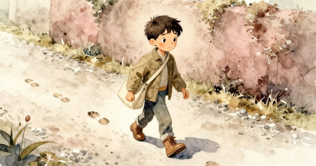 博里斯在傾斜視角中行走於暖卵石小徑上，注視新足跡與綠籬，神情充滿好奇與期待。