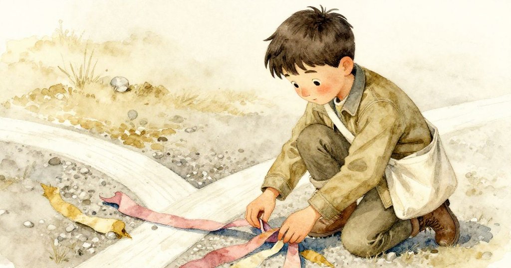 博里斯在戶外卵石路口低頭細看褪色彩帶，手指輕觸布料，神情專注且略帶懷舊。