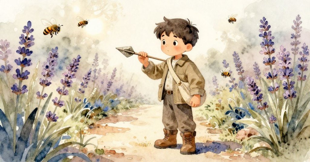 博里斯在薰衣草旁苦思選路，手調整石箭，蜂鳴噪動中神情集中略帶焦慮，陽光斑駁映照。